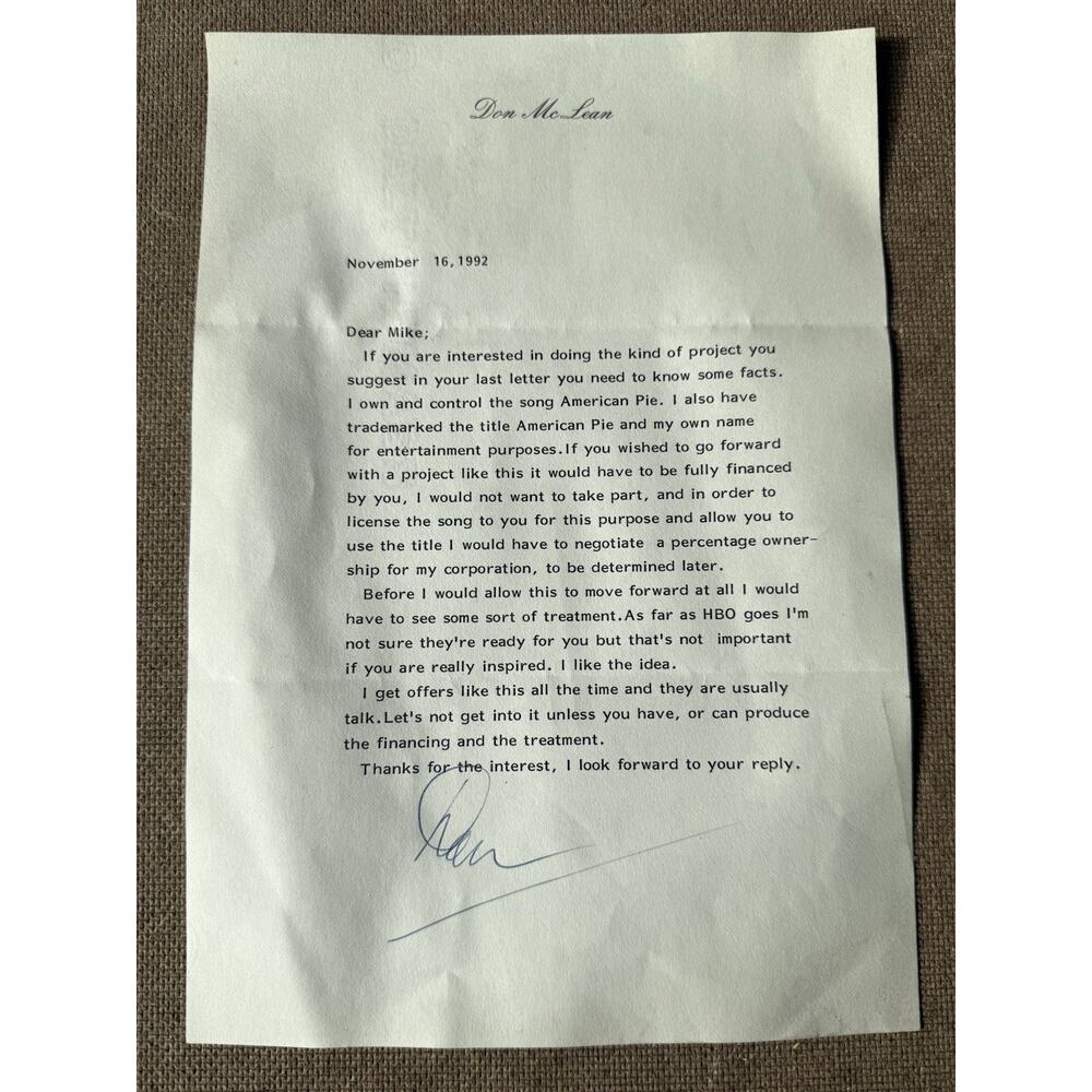 Vintage 1992 Don McLean American Pie Song Signed Letterhead Music Business HBO